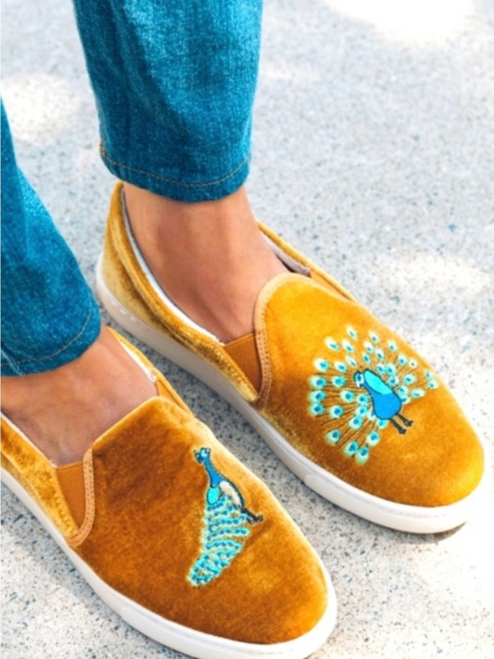 Soludos Women’s Mustard Velvet Slip-On Sneakers with Teal Peacock Embroidery, 8